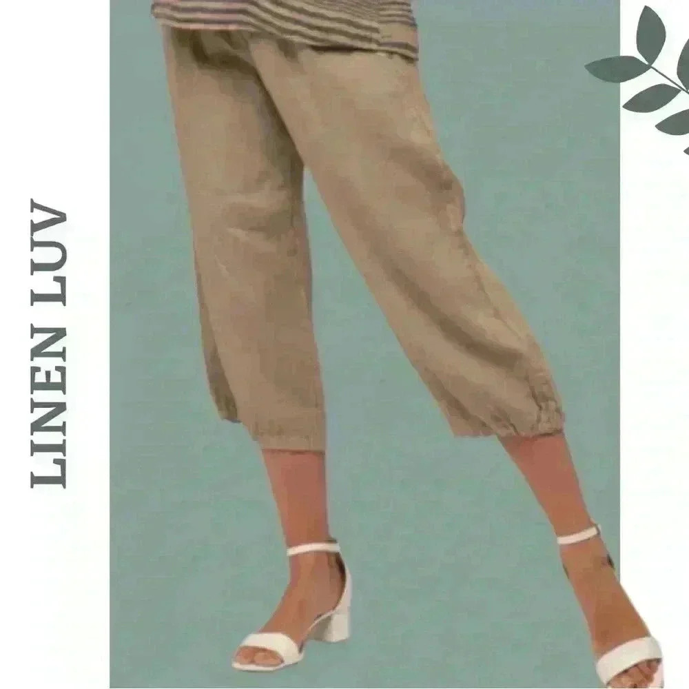 Linen Luv Cropped Pant Elastic Knit Waist front Button Detail Pockets Natural
